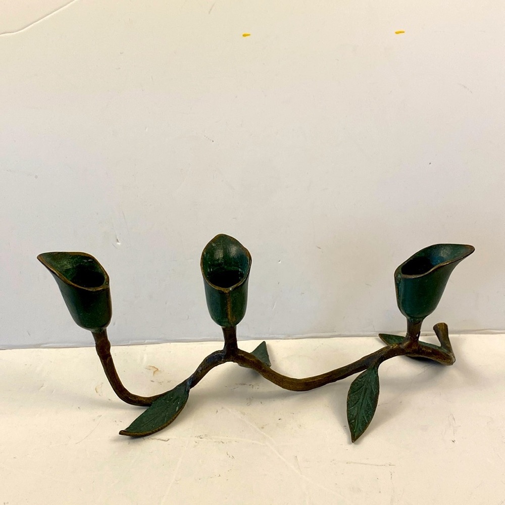 Vintage Candlestick holder trio calla lily Art Nouveau leaves green